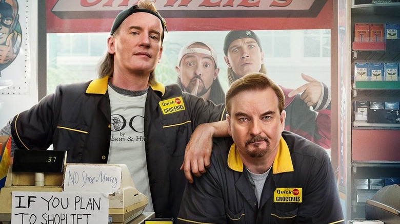 Clerks 3 promotional image (Jeff Anderson as Randall, Brian O'Halloran ad Dante, Kevin Smith as Silent Bob, and Jason Mewes as Jay)