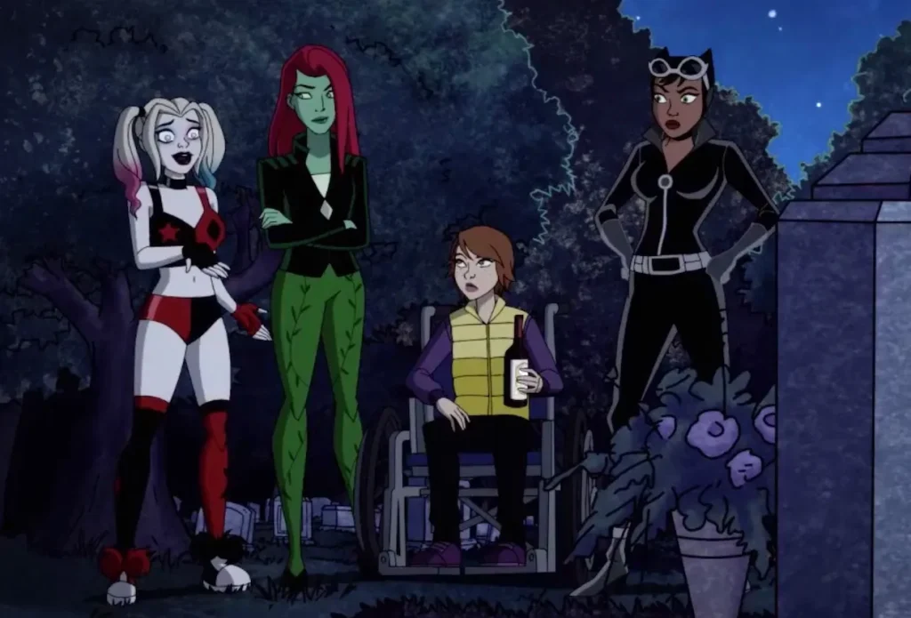 Harley Quinn, Posion Ivy, Barbara Gordon, and Catwoman: the Gotham City Sirens from the Harley Quinn Season 4 finale.